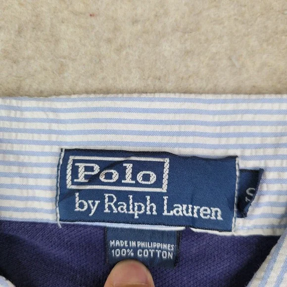 Vintage Polo Ralph Lauren Polo Shirt Mens S Blue Seersucker Collar Preppy - Picture 4 of 8